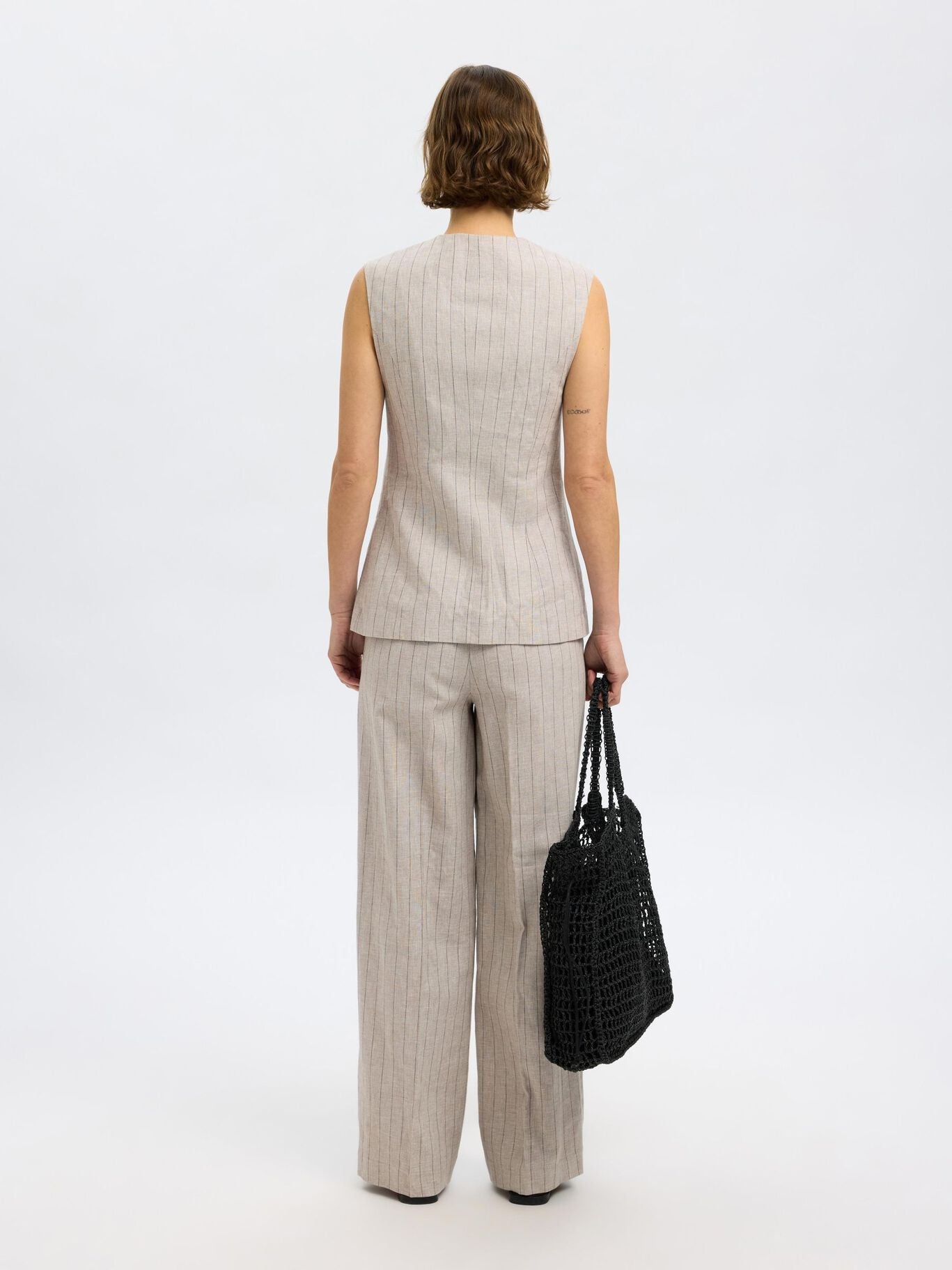 SELECTED Vilka Sun Long Vest in Oatmeal Pinstripe