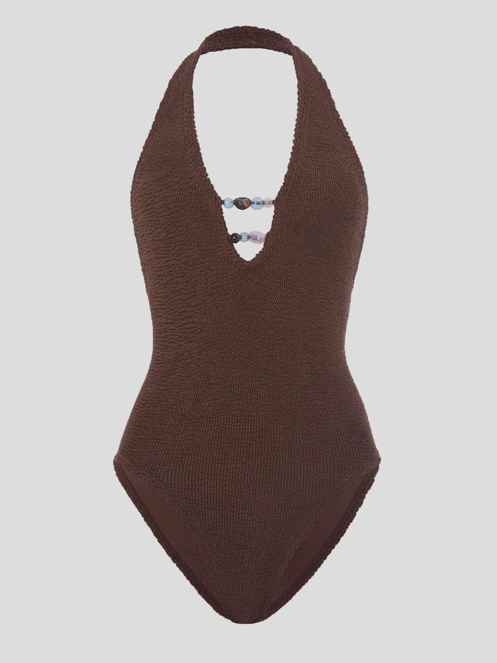 Hunza G Adriana Beaded Swimsuit in Metallic Chocolate
