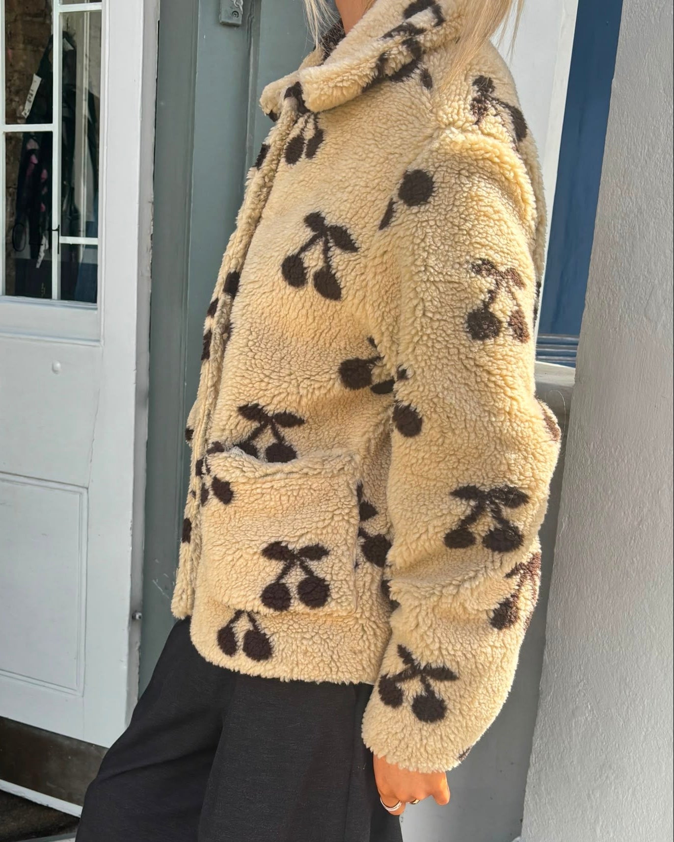 Emile & Ida Cerise Cherry Print Fleece Jacket - Beige