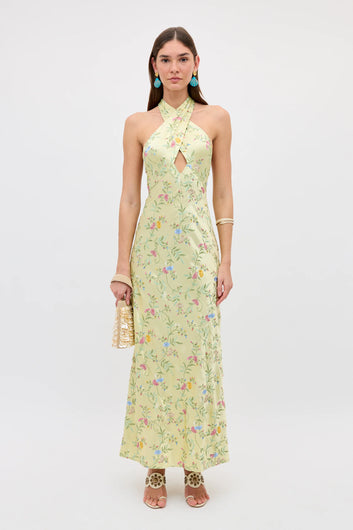 RIXO Dune Dress in Botanical Embroidery Green