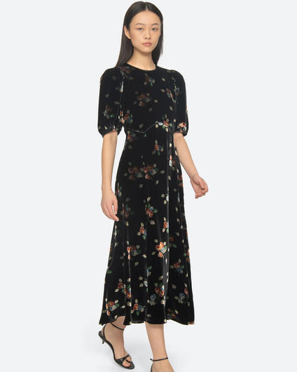 Sea New York Leda Velvet Puff Sleeve Midi Dress - Black