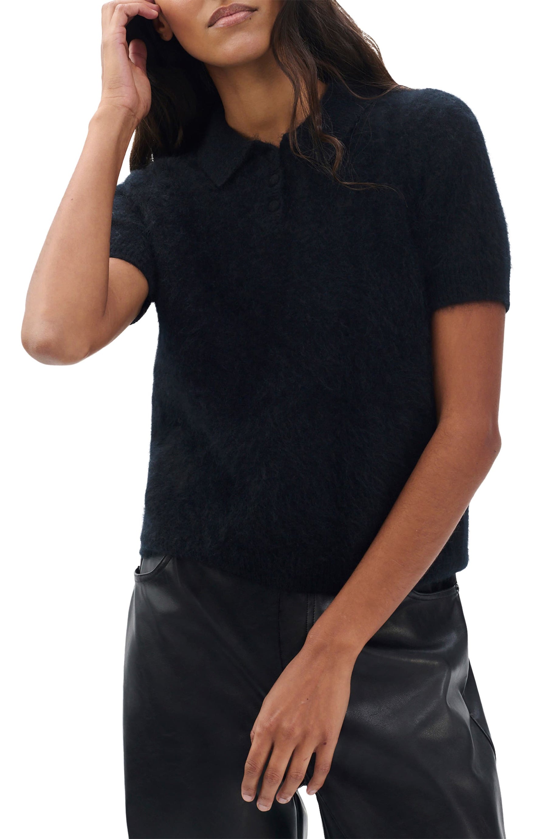 Rag & Bone Jada Brushed Cashmere SS Polo in Black